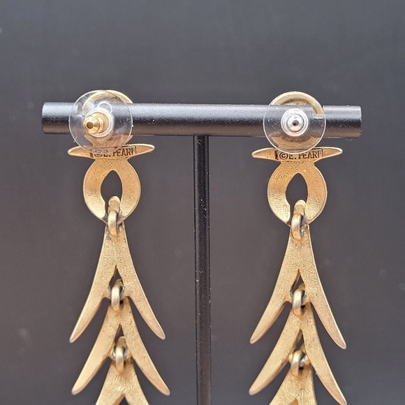 Vintage Signed Erwin Pearl MCM Abstract Brushed Gold Tone Dangle Earrings - Picture 2 of 3